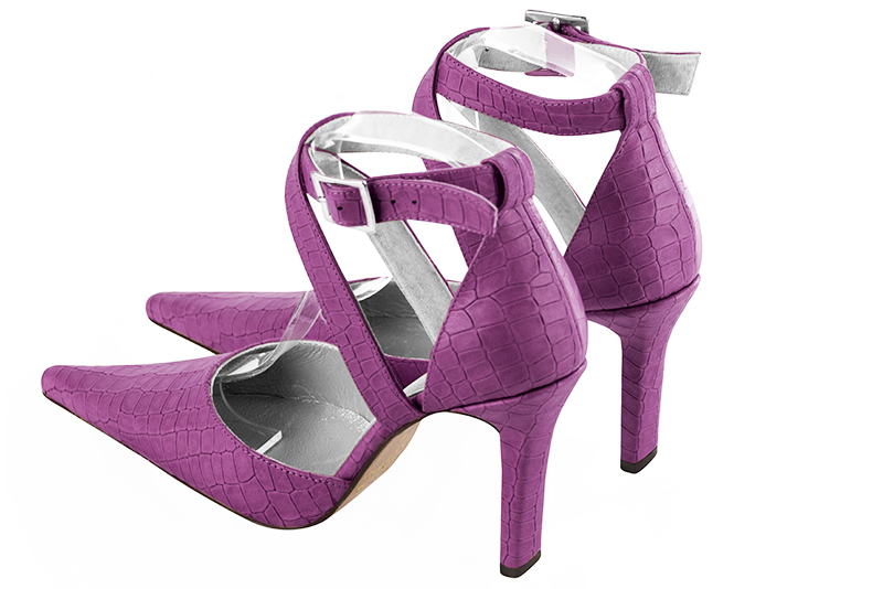 Mauve purple women's open side shoes, with crossed straps. Pointed toe. High slim heel. Rear view - Florence KOOIJMAN